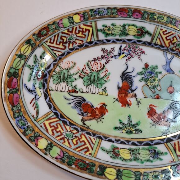 Japanese Hand Painted Porcelain Oval Plate Roosters Painted in HK Marked ACF Vtg - Picture 4 of 6